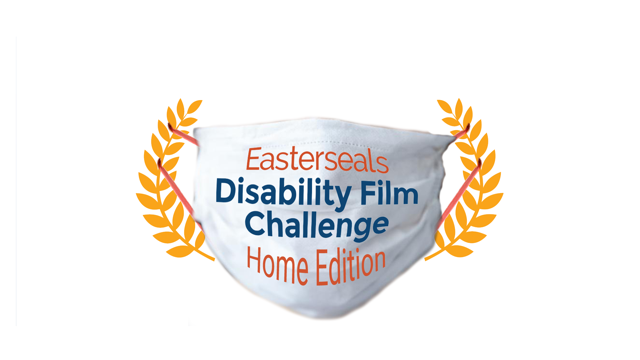 In between two laurel branches, appears a PPE mask with the words Easterseals Disability Film Challenge Home Edition.